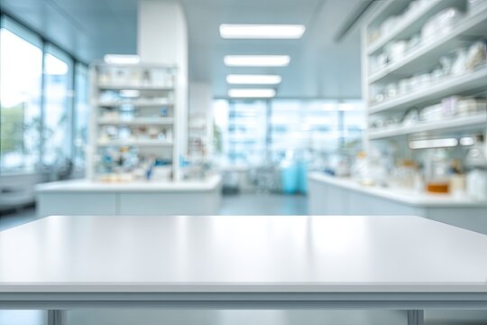 A blurred laboratory setting features a clean, white countertop in the foreground.