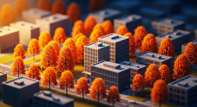 A miniature urban landscape features tiny model buildings and orange autumn trees, captured with a beautiful blurred tilt shift effect focus, seasonal, artistic, cars