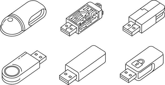 USB flash drive illustrations with multiple design variations for technology vector projects