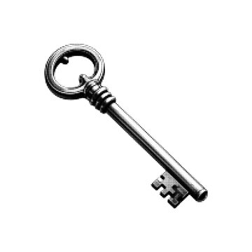 Vintage key in monochrome halftone style, dotted texture illustration of antique skeleton key, classic lock symbol isolated on white background.