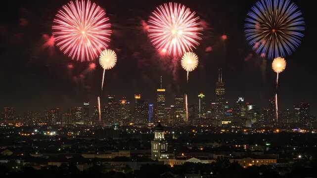 Colorful fireworks exploding over city skyline at night  