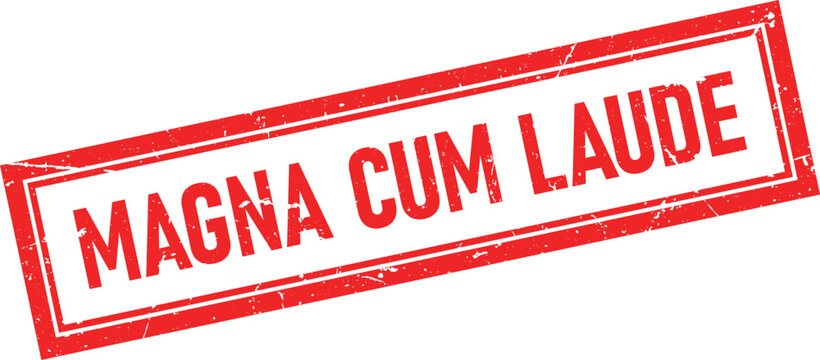 Magna Cum Laude Red Distressed Rectangular Rubber Stamp Impression Isolated on White