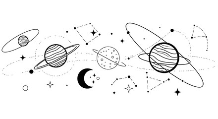 Minimalist cosmic space illustration with planets, stars, and moon © Indah