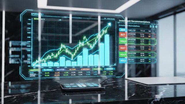 A futuristic office displays a holographic graph and data on a transparent screen with a laptop on a sleek black floor.