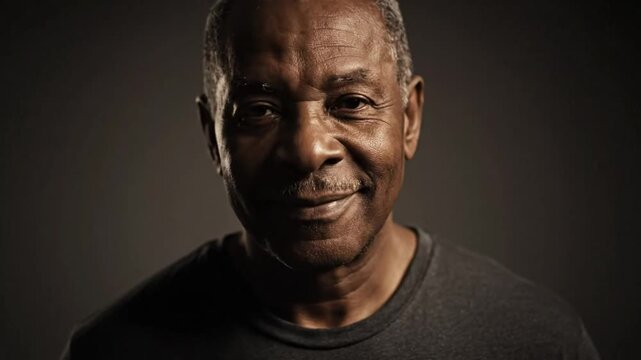 Portrait of an older Black man with a slight smile in a studio with soft lighting looking directly at camera