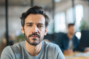 Obraz premium Detailed view of man looking at camera with calm confident expression, modern workspace background softly blurred with coworker present, natural daylight illumination, with blank space