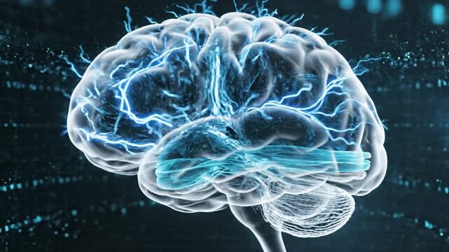 A glowing blue transparent brain with neural connections is displayed against a dark background with digital circuit patterns and blue dots.