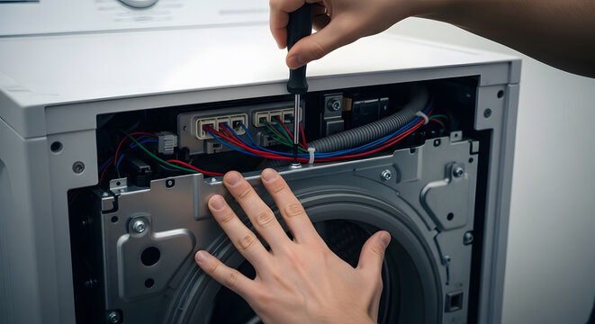 Technician Using Screwdriver to Repair Internal Electronics of Washing Machine