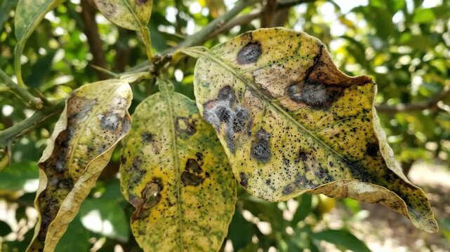 Citrus leaves showing visible fungal and bacterial damage, mottled textures, curled edges, botanical detail, natural scientific clarity, crisp daylight, ultra-realistic, no logos.
