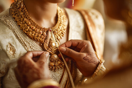 Groom placing mangalsutra necklace around bride neck during hindu wedding ritual, intricate jewelry details and mehndi visible, visual for marketing concept