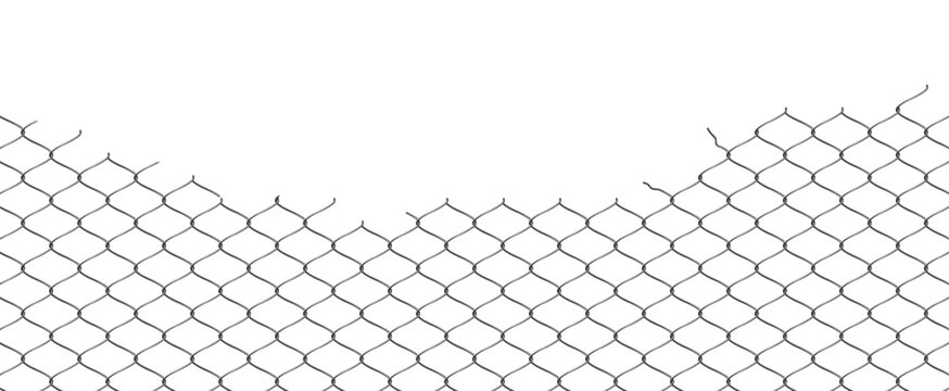 Broken wire net fence vector realistic illustration, steel torn chain link fence, destroyed wire grid, lattice enclosure