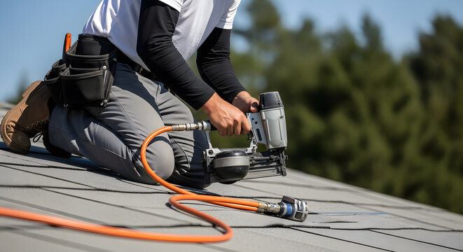 Roofer Using Pneumatic Nail Gun to Install Asphalt Shingles on Residential Roof