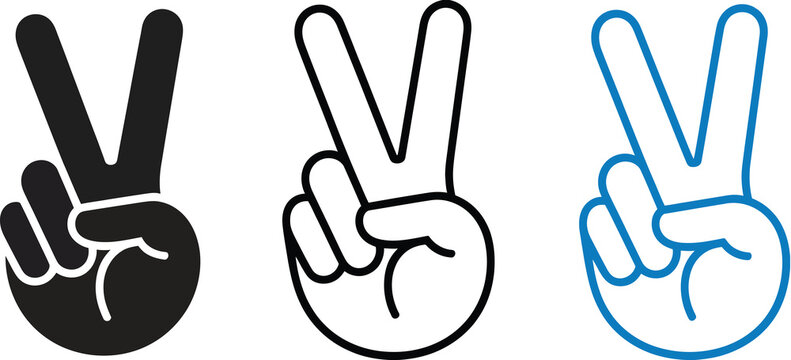 peace sign hand icon set, black and blue vector graphics of v gesture symbolizing freedom success victory and positive expression, modern collection in diverse styles for branding, social media