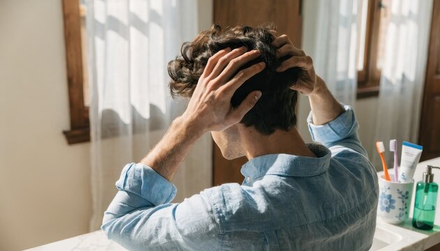 A man resting his hands on his head while experiencing deep thought and stress in a bathroom