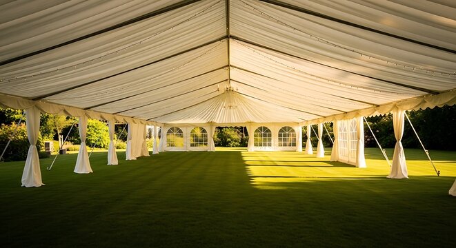 Spacious white marquee tent set up on a lush green lawn for an outdoor event or celebration, bathed in warm sunlight.