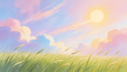 Fototapeta premium Sunlit grassy field with colorful sky