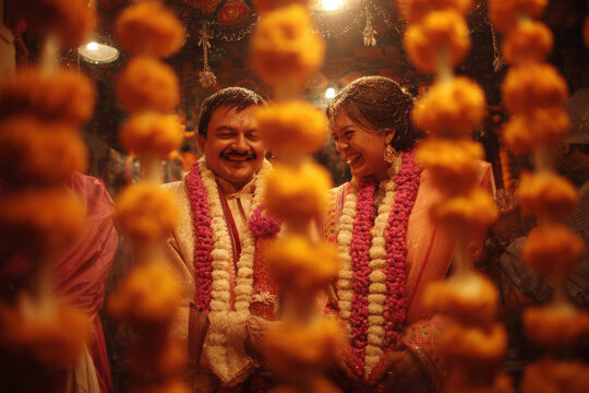 Creative composition of bride and groom smiling while holding flower garlands during varmala ceremony, colorful marigold flowers visible, in simple