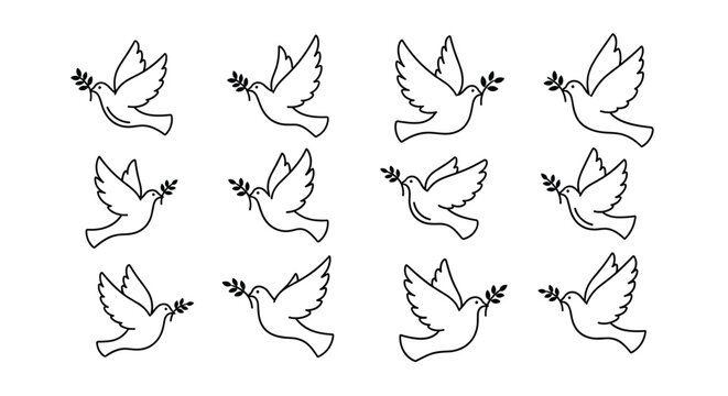 Minimalist outline icons of peace doves flying with olive branches in their beaks symbolizing harmony and global non violence movements.