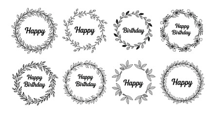 Fototapeta premium Collection of delicate hand drawn floral wreaths with happy birthday text inside perfect for festive greeting cards and celebration designs.