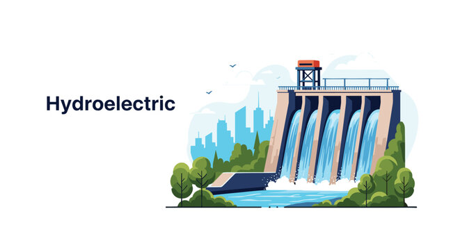 Modern hydroelectric dam structure with rushing water and a city skyline in the background highlighting sustainable renewable energy sources.
