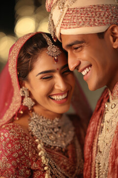Joyful indian bride and groom smiling with romantic expressions and blurred festive wedding lights in background, ultra-sharp focus