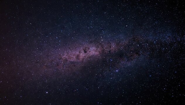 Wide panoramic shot of the milky way galaxy stretching across a dark night sky filled with countless stars and purple cosmic dust