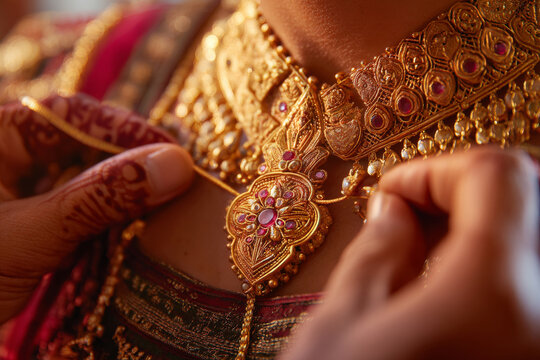 Groom placing mangalsutra necklace around bride neck during hindu wedding ritual, intricate jewelry details and mehndi visible,