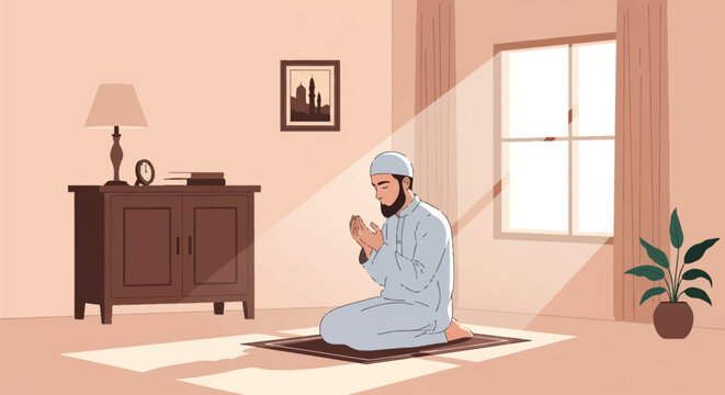 Vector illustration of a Muslim man with a beard wearing a white kufi and thobe, sitting on a prayer rug and making dua in a quiet room with sunlight streaming through a window.