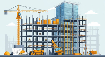 Modern skyscraper construction site with cranes and heavy machinery. © Pian