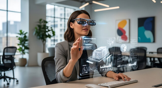Businesswoman Using Augmented Reality Smart Glasses to Analyze Holographic Data Interfaces in Modern Office