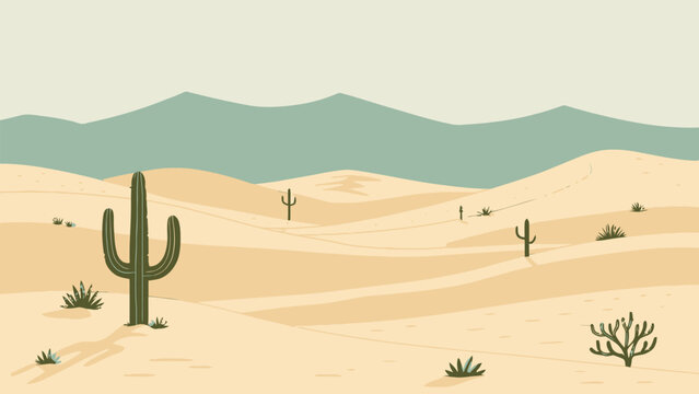 Desert landscape illustration with sand dunes, saguaro cactus and distant mountains