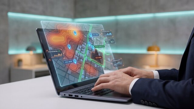 Smart city heatmap analysis with climate risk zones and urban data visualization on laptop, advanced geographic analytics, environmental monitoring and sustainable planning technology interface