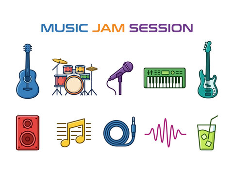 Music Jam Session Instruments and Audio Equipment for Band Rehearsal