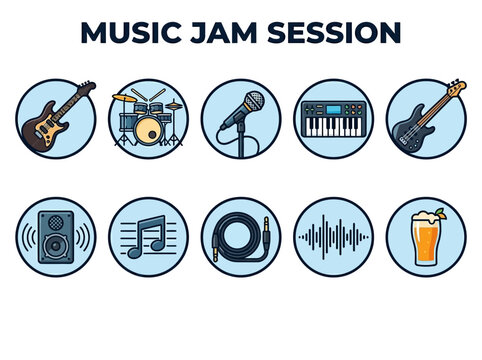 Guitar Drums Microphone Keyboard and Audio Symbols for Music Jam Session