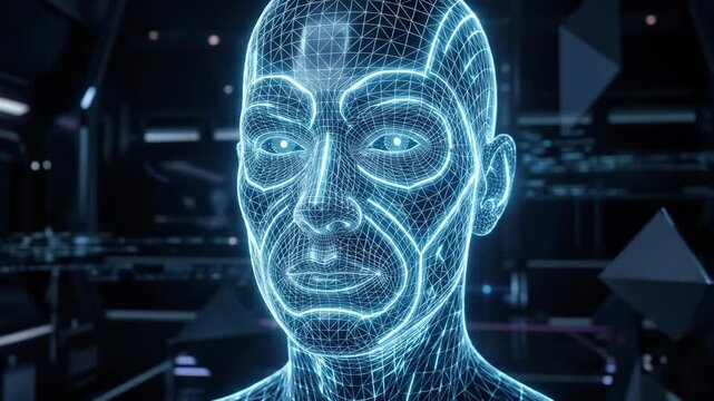 A digital human face formed from a wireframe mesh with glowing highlights, luminous contours, dark modern backdrop, refined futuristic atmosphere, ultra-realistic, no logos.