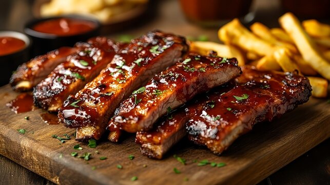 Barbecue Ribs with French Fries on Wooden Board