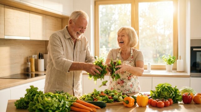Happy senior couple laughing while preparing fresh salad in bright kitchen. Healthy lifestyle and wellness for active aging retirement.