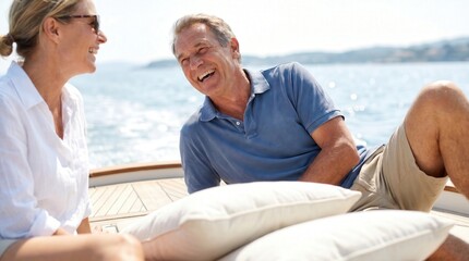 Fototapeta premium Happy mature couple laughing while relaxing on a luxury boat deck during summer vacation. Wealthy retirement lifestyle and nautical travel.