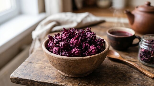 Dried hibiscus flowers in rustic wooden bowl on old table with blurred teacup and teapot in background.