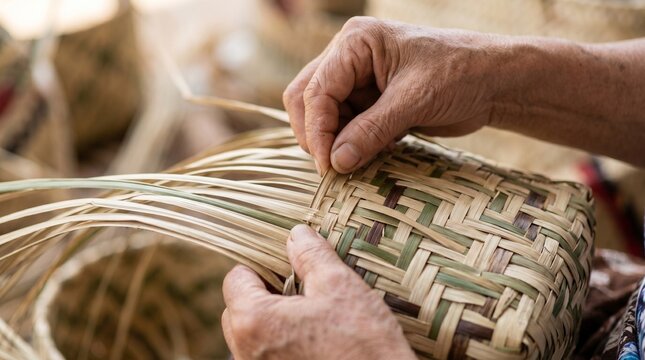 Close up of elderly hands weaving a basket from natural fibers.