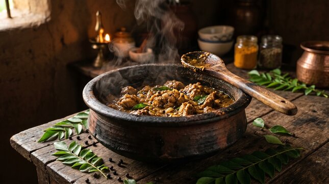 Traditional south indian chicken curry simmering in clay pot with steam.