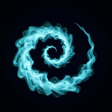 Elegant spiral of cyan and teal vapor swirls in a smooth, fluid motion, creating a hypnotic simulation of misty energy on a dark backdrop, backdrop, blue, render