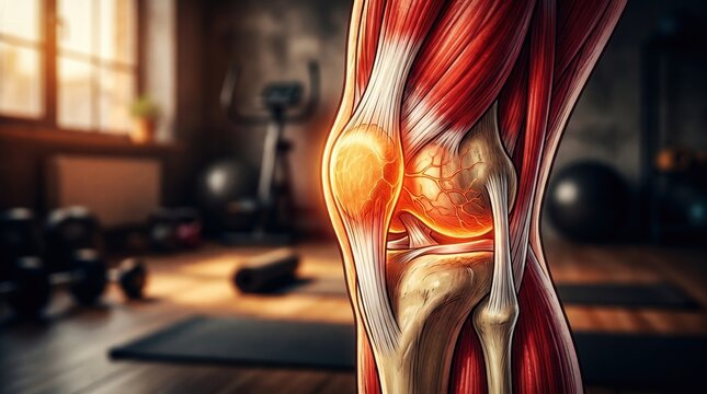 Knee pain and joint inflammation illustration, human anatomy showing injury. Sports medicine, orthopedic health and recovery concept for fitness injury.