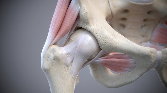 Human hip joint anatomy showing pelvic bone and femur with muscles, 3D render. Orthopedic medical illustration of skeletal structure for healthcare education and surgery planning.