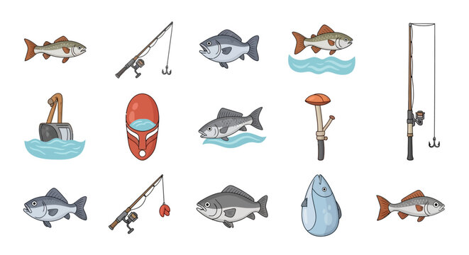 Fish and fishing gear icons set.