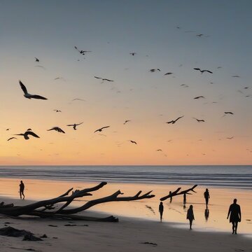 Deserted Beach at Sunset with Driftwood and Seagulls - Relaxing Ocean Getaway