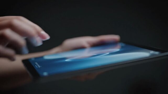 Close-up of a person's hand touching a glowing screen on a tablet or smartphone, highlighting the interactive digital experience and modern technology