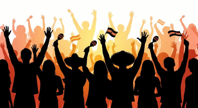 Silhouettes of a cheering crowd celebrating with maracas and flags
