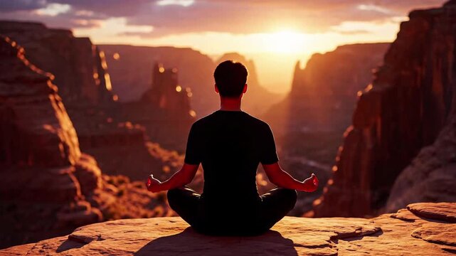 Man meditating on a cliff edge at sunrise, practicing mindfulness and inner peace, surrounded by dramatic canyon landscape, warm golden light