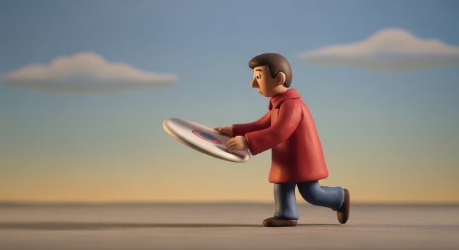 Claymation figure holding a frisbee in outdoor setting